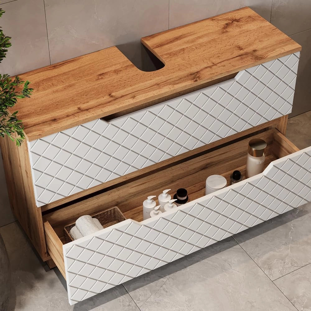 Mobile sottolavabo per bagno Lotta, Rovere/bianco con struttura in piastrelle, 99.4 x 62.5 cm con 2 cassetti