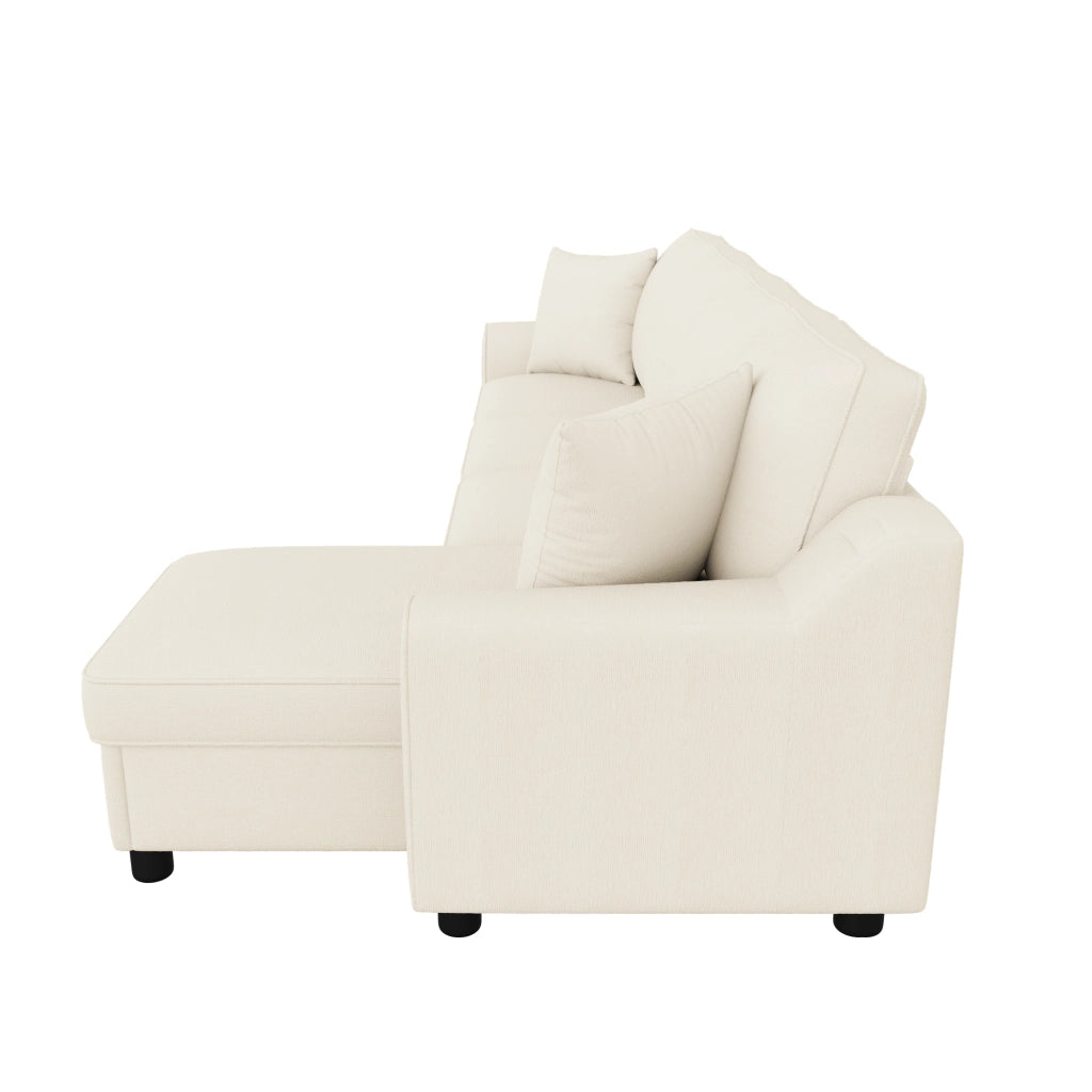 Divano a tre posti, divano ad angolo, tessuto chenille, vano portaoggetti, portabicchieri, design modulare, beige