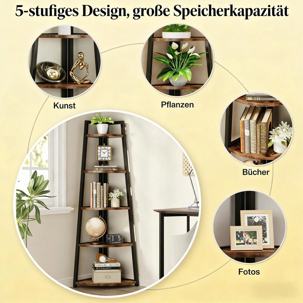 Scaffale angolare a 5 ripiani in metallo e legno