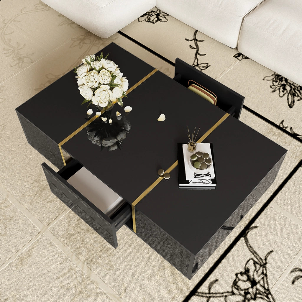 TAVOLINO DA CAFFÈ Nero Lucido 100x60x41,5 cm con 2 Cassetti