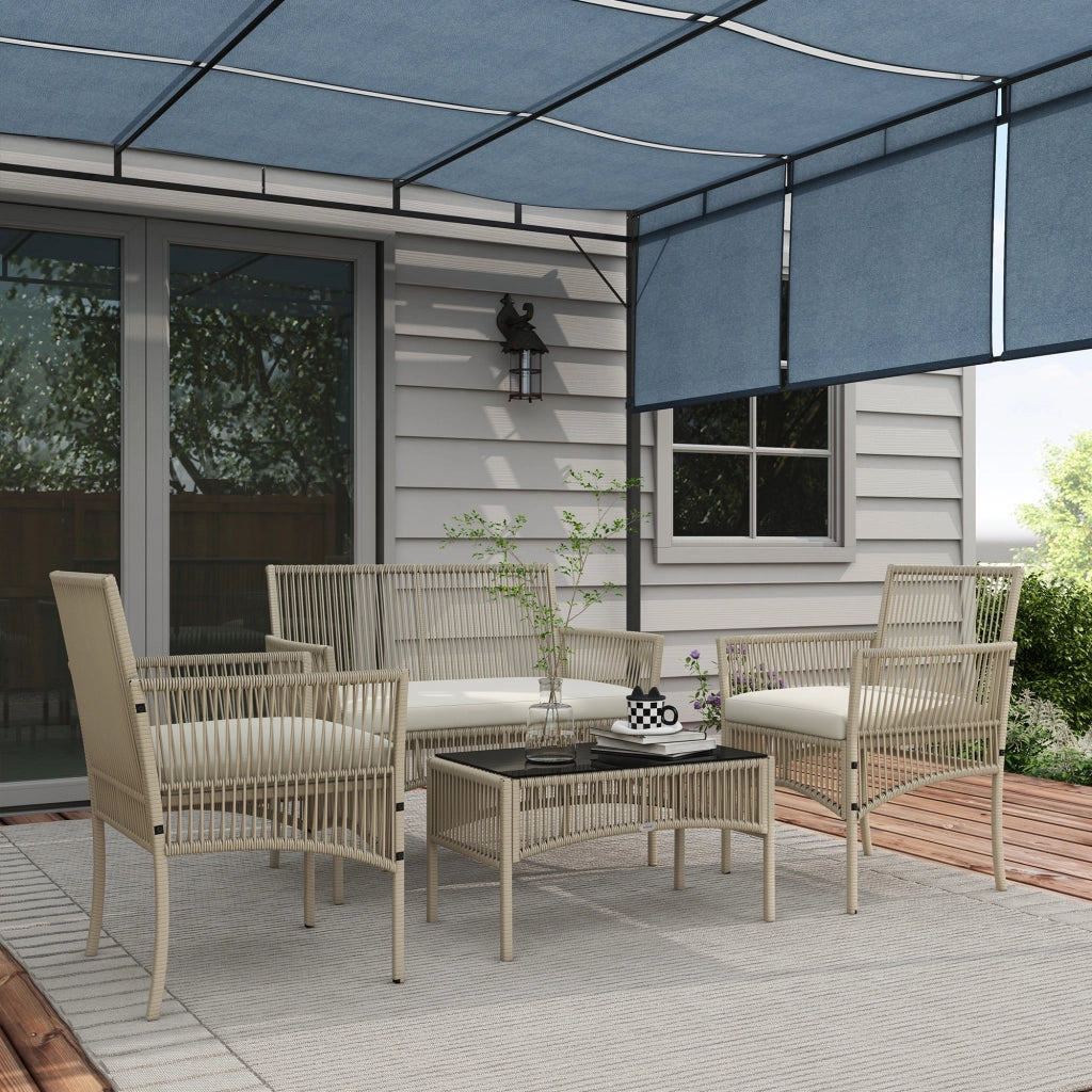 Set da Giardino in Rattan da 4 Pezzi con 2 Poltroncine. Divano e Tavolino da Caff¨¨. Kaki e Nero