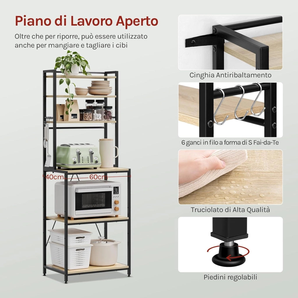 Scaffale da Cucina con 6 Ripiani, Scaffale per Microonde con 6 Ganci, Struttura in Metallo, Legno Ingegnerizzato, 60x40x167cm, Rovere Chiaro+Nero