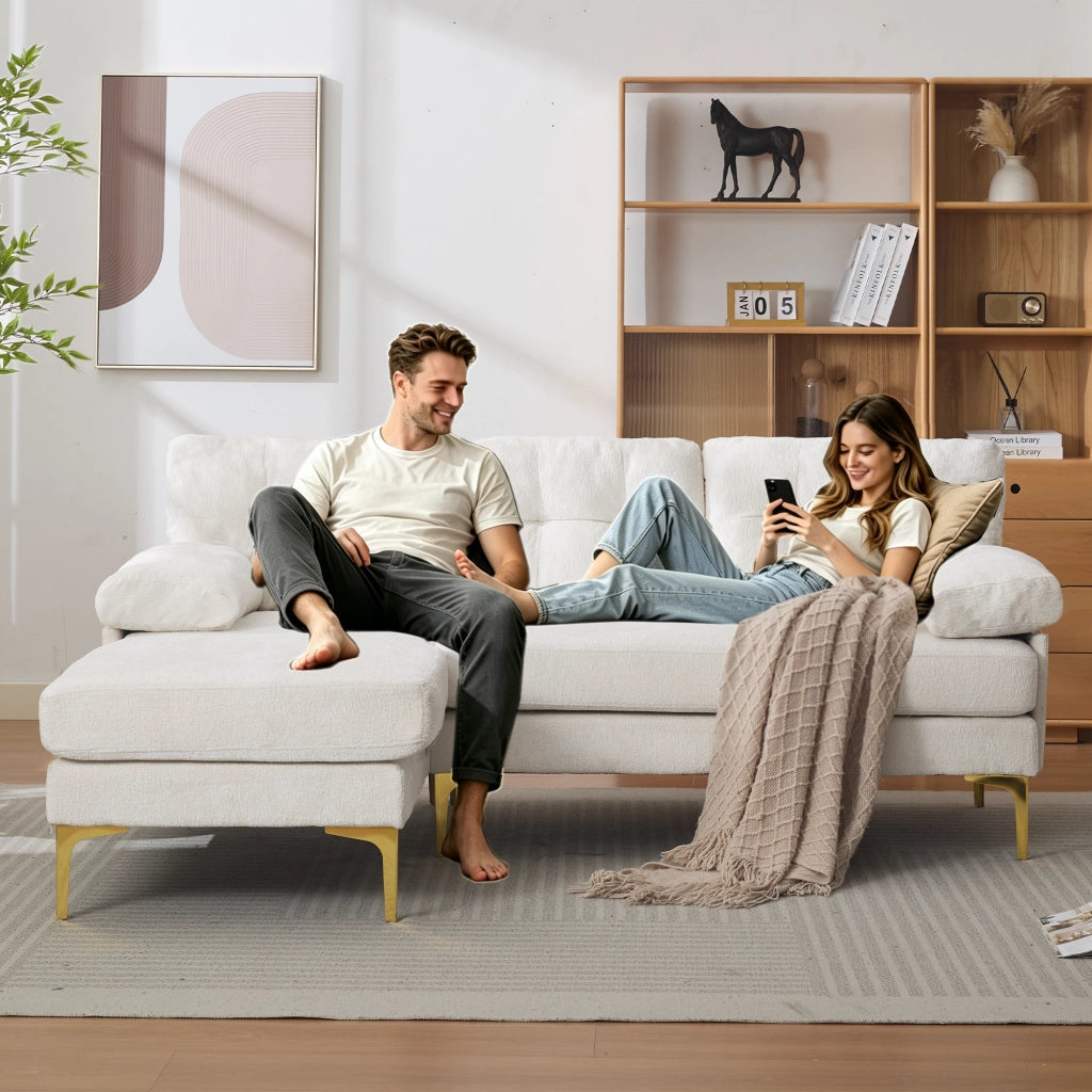 Divano ad angolo reversibile a 3 posti con braccioli imbottiti e cuscini in chenille e legno beige
