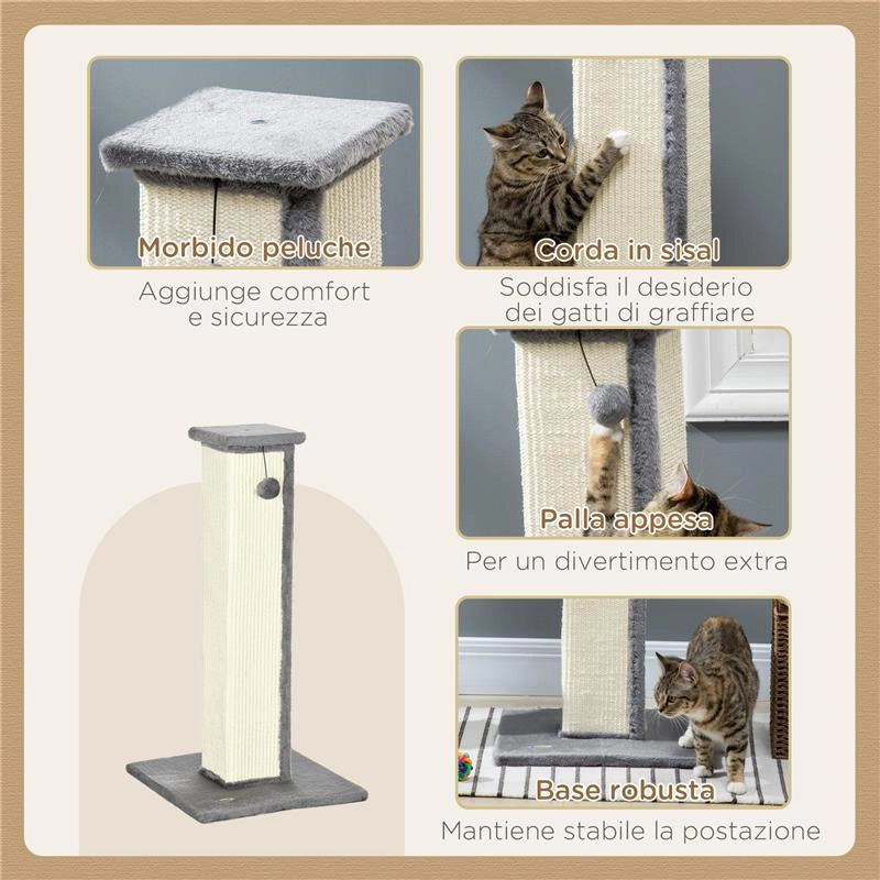 TIRAGRAFFI PER GATTI CON PALLINA PALO IN SISAL E RIVESTIMENTO IN PELUCHE 41X41X81 CM GRIGIO