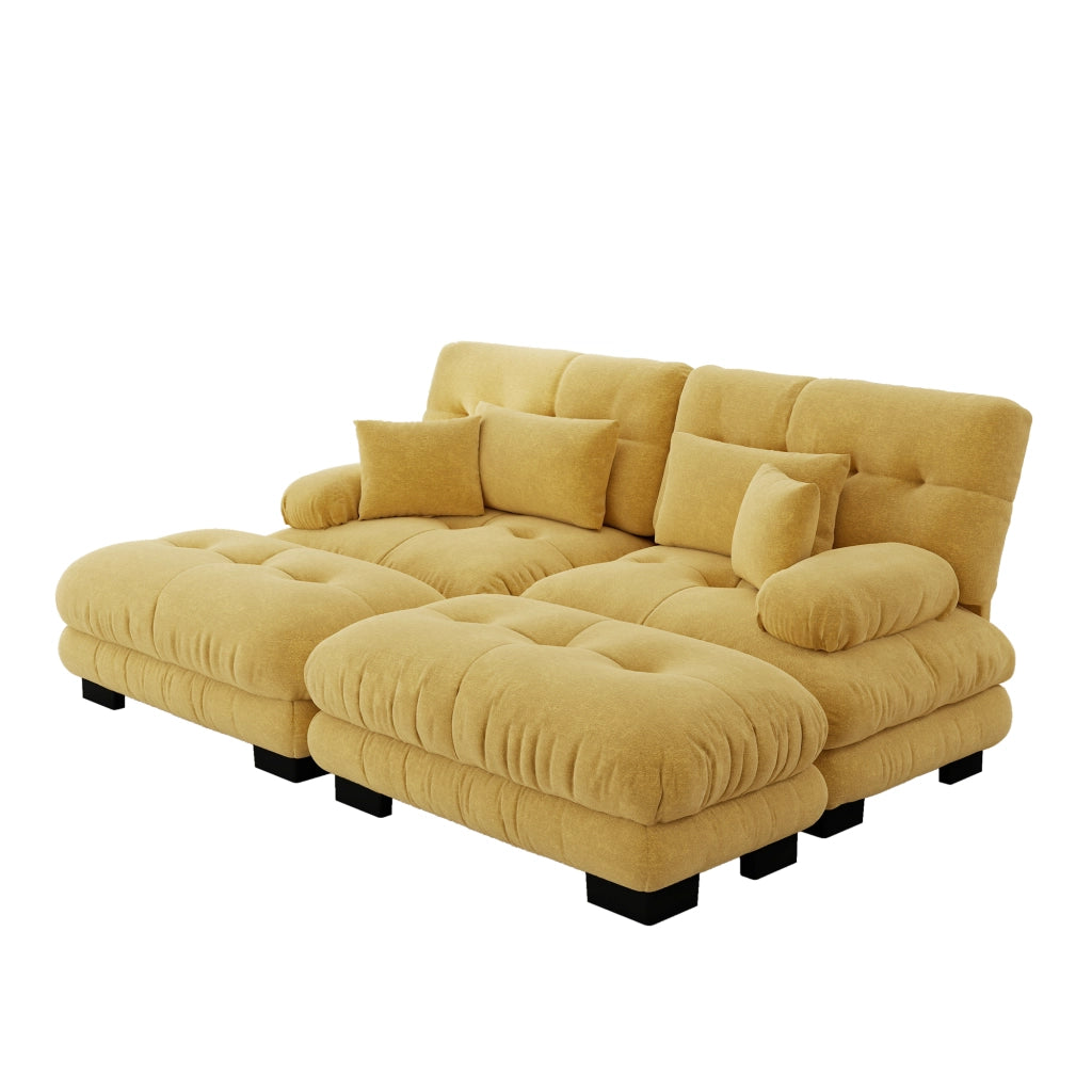 Divano angolare modulare in chenille con cuscini lombari e pouf mobili, stile cloud giallo 220 × 145 × 81 cm