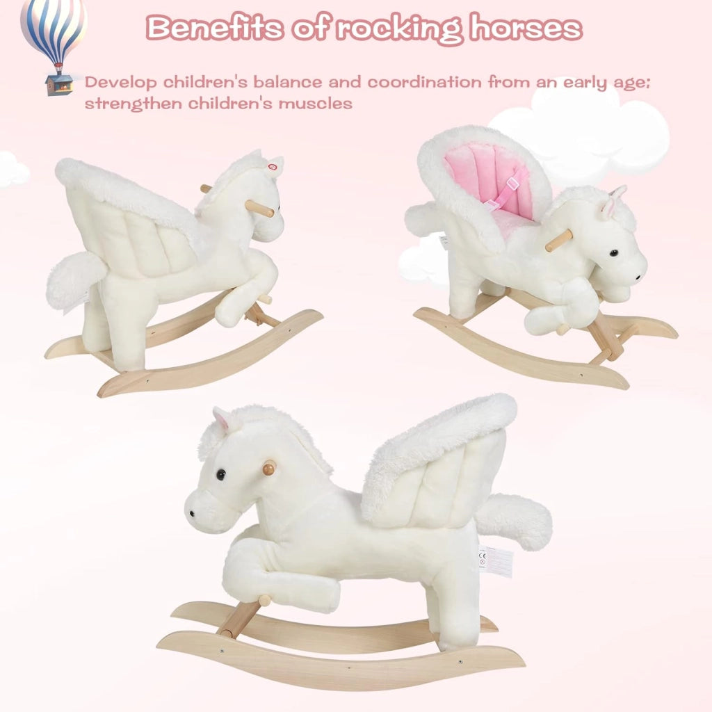 Cavallo a Dondolo in Legno Cavalluccio per Bambini Peluche Giocattolo Cavalcabile con Suoni e Cintura di Sicurezza Regalo Bimbi 1/2/3 Anni, Bianco e Rosa