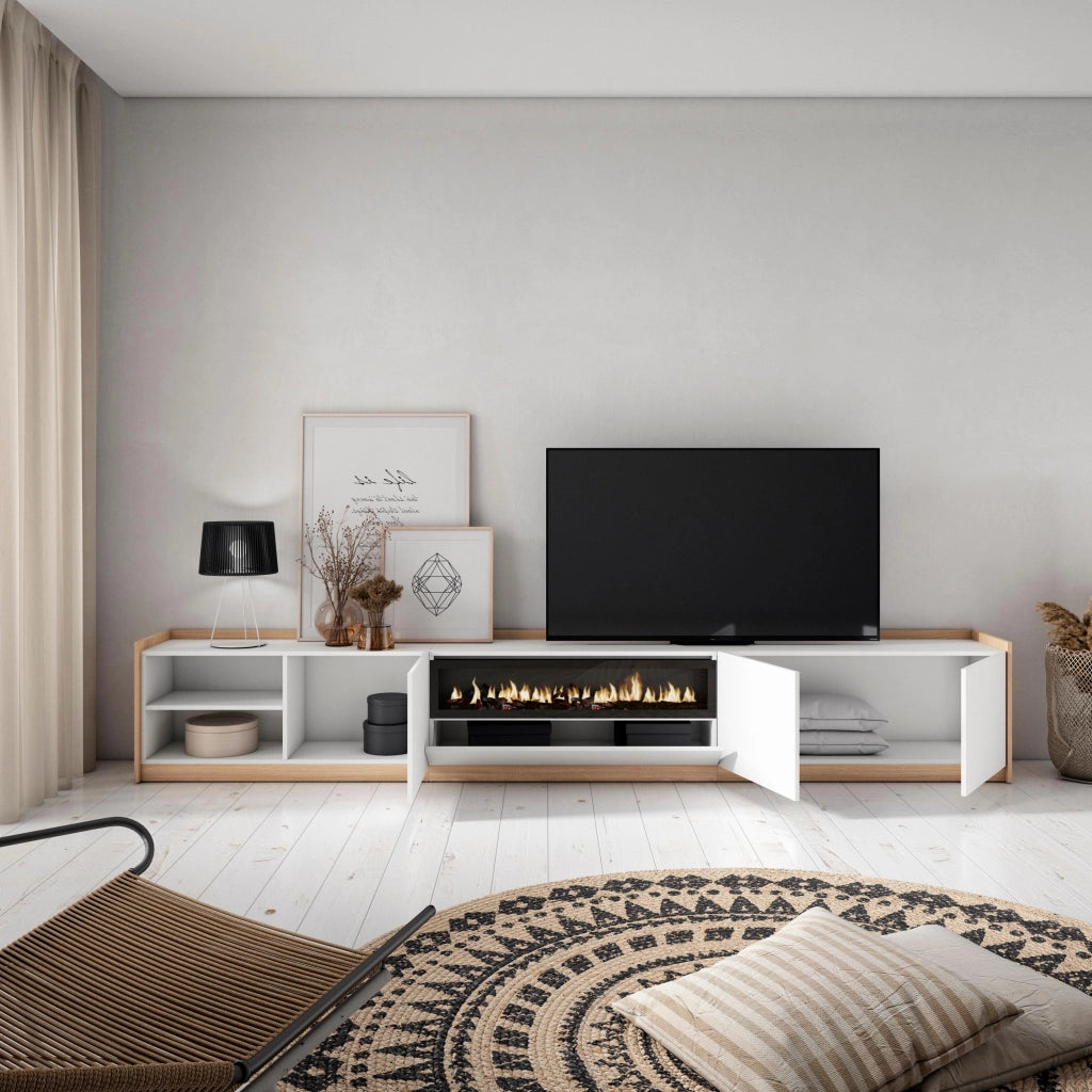 Mobile TV Soggiorno, 310x50x37 cm, Per TV fino a 80", Camino elettrico, Bianco e Rovere soft