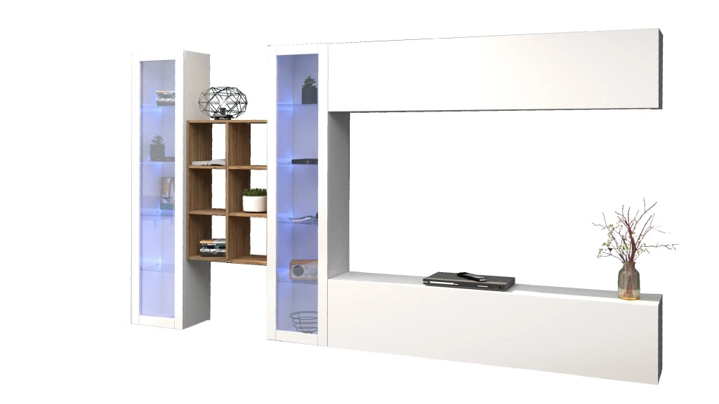 Parete attrezzata bianca pensile mobile TV sospeso libreria 2 vetrine Kary WH