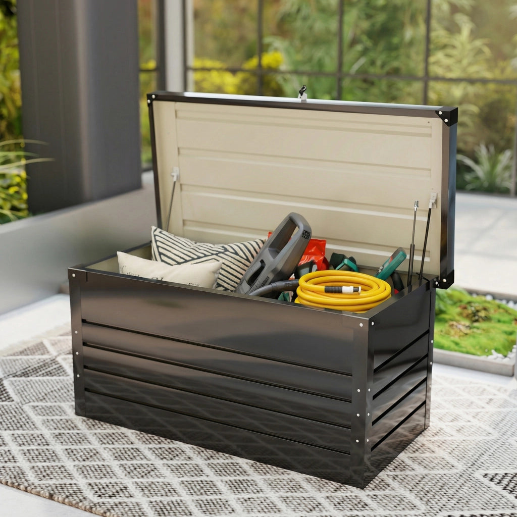 Box da giardino in metallo 350L ¨C Xylo ¨C doppia parete, coperchio impermeabile, chiusura, grigio 120x61x62cm