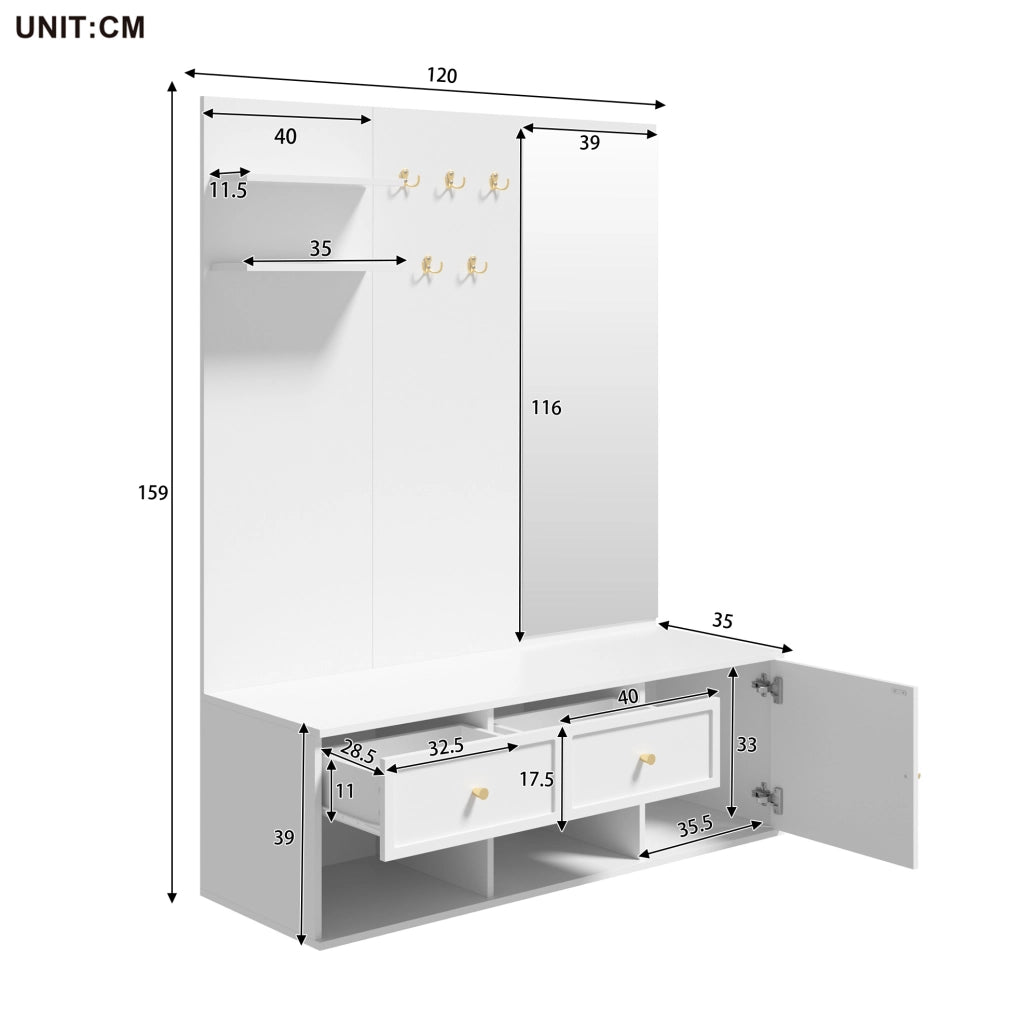 Set guardaroba da ingresso bianco con specchio e 5 ganci, 120 cm