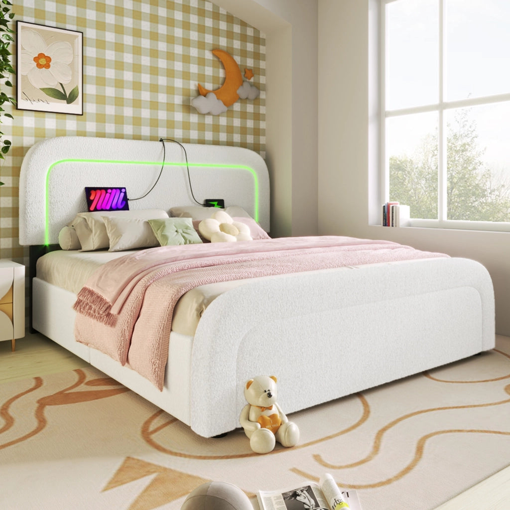 Letto Matrimoniale 140x200 cm; USB e Type-C; LED; 4 Cassetti in Sherpa Bianco