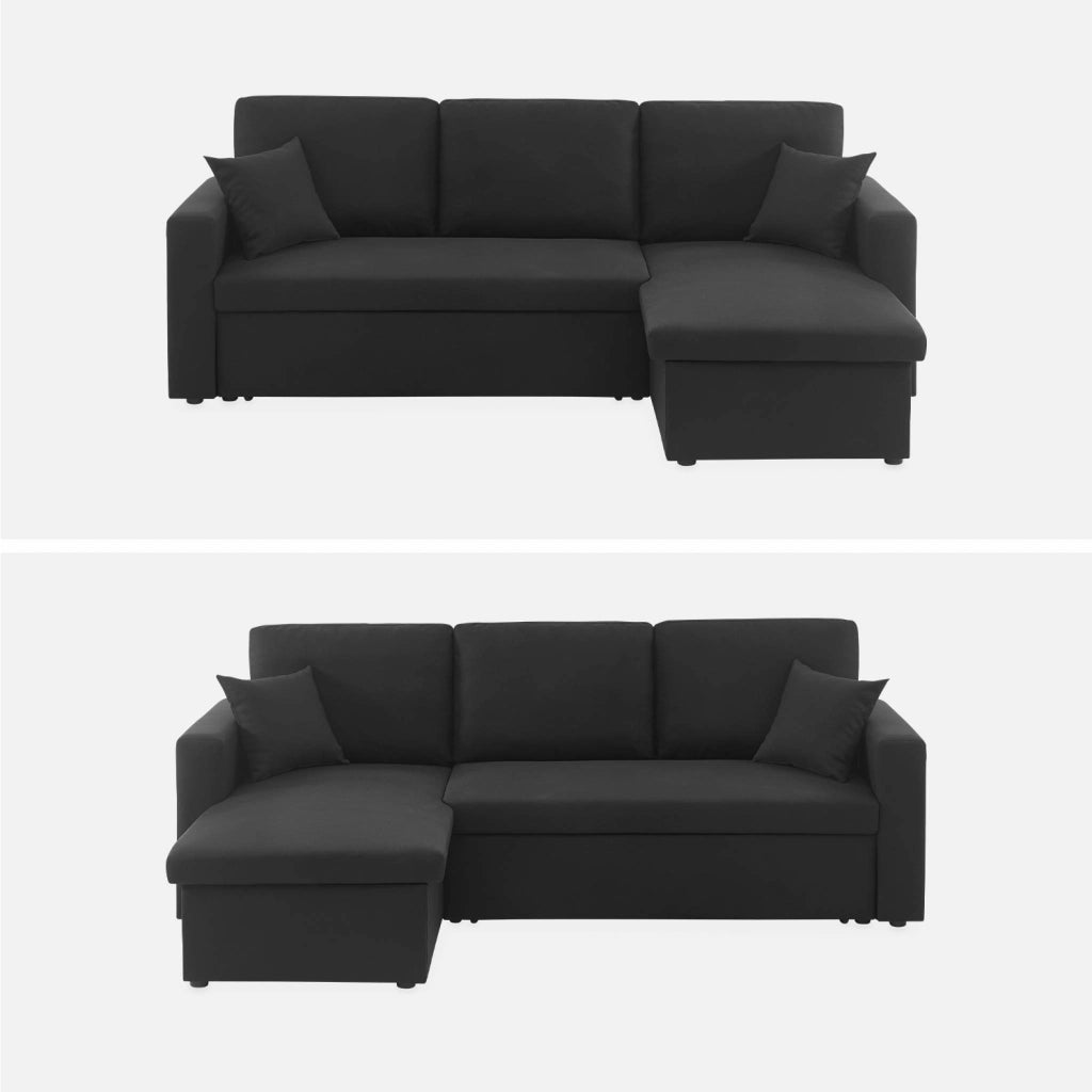 Divano letto angolare reversibile con contenitore, 3 posti, nero