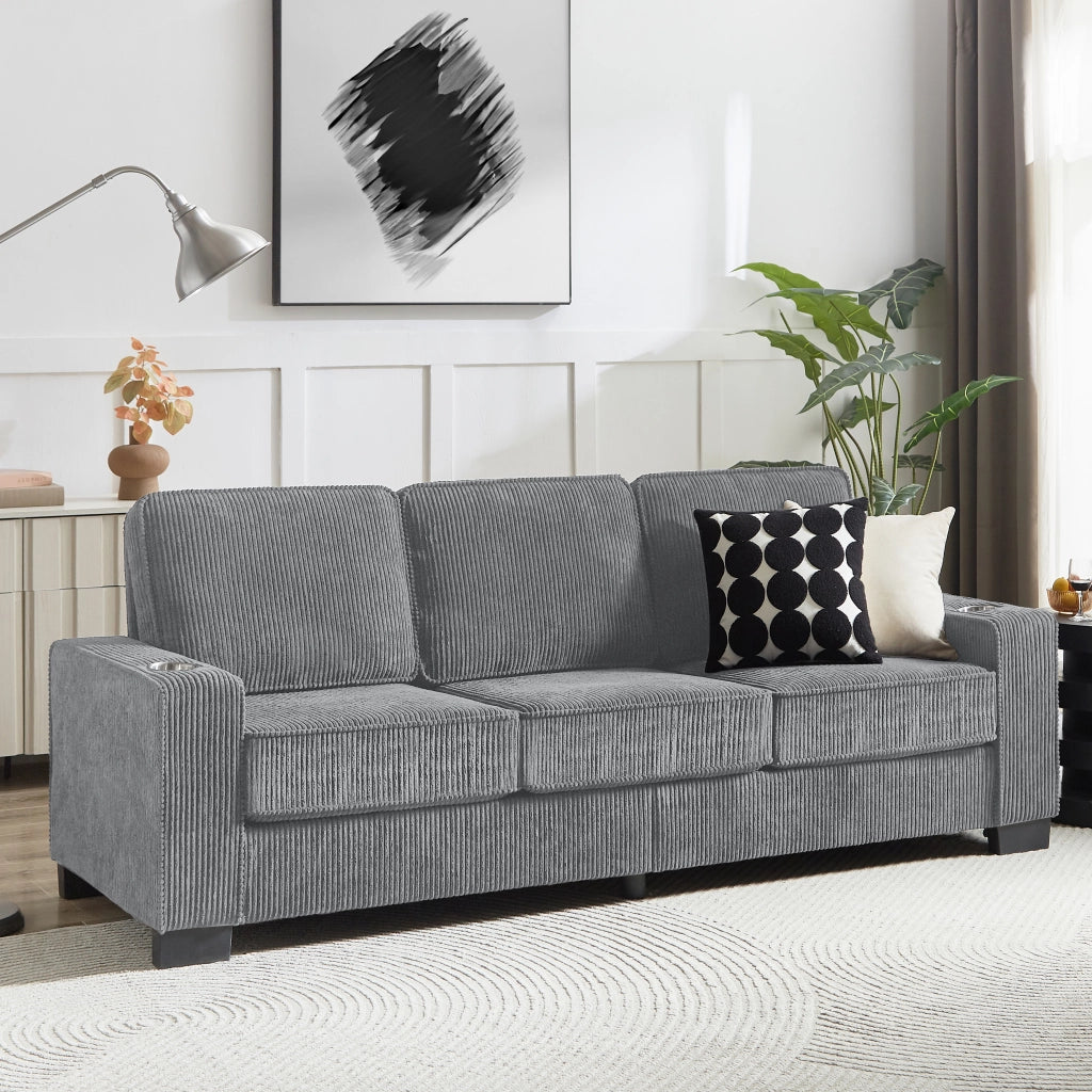 Divano a 3 posti in velluto a coste con portabicchieri e comfort ergonomico per soggiorno grigio 206 cm