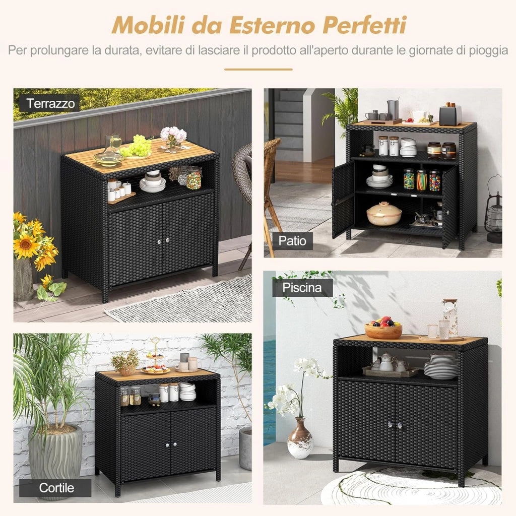 Armadietto Portaoggetti in Rattan, Mobile Buffet per Esterni in Legno di Acacia, Con Compartimento Aperto e Armadio Chiuso a 2 Ante, per Piscina, Terrazza e Patio, 90 x 53 x 86 cm (Nero)