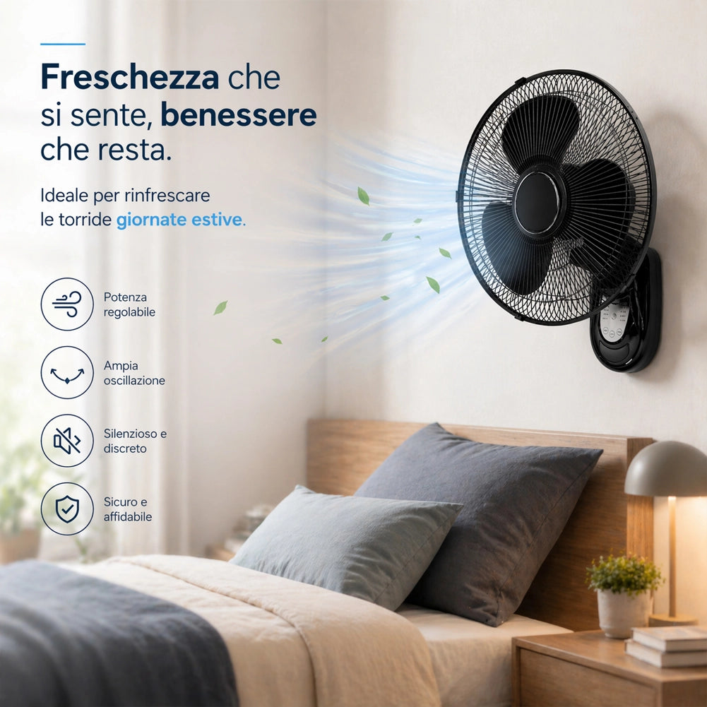 Ventilatore da Parete Nero 40cm con Telecomando Installazione a Muro Silenzioso