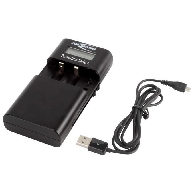 Ansmann 1001-0085 Powerline Vario X Caricatore Universale per Batterie Li-Ion Li-Po e NiMH 3 Canali di Carica Display LCD Alimentazione 5 V via USB colore Nero