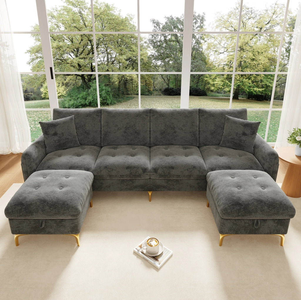 Divano modulare in ciniglia con 2 pouf contenitore; 263×137×85 cm; grigio