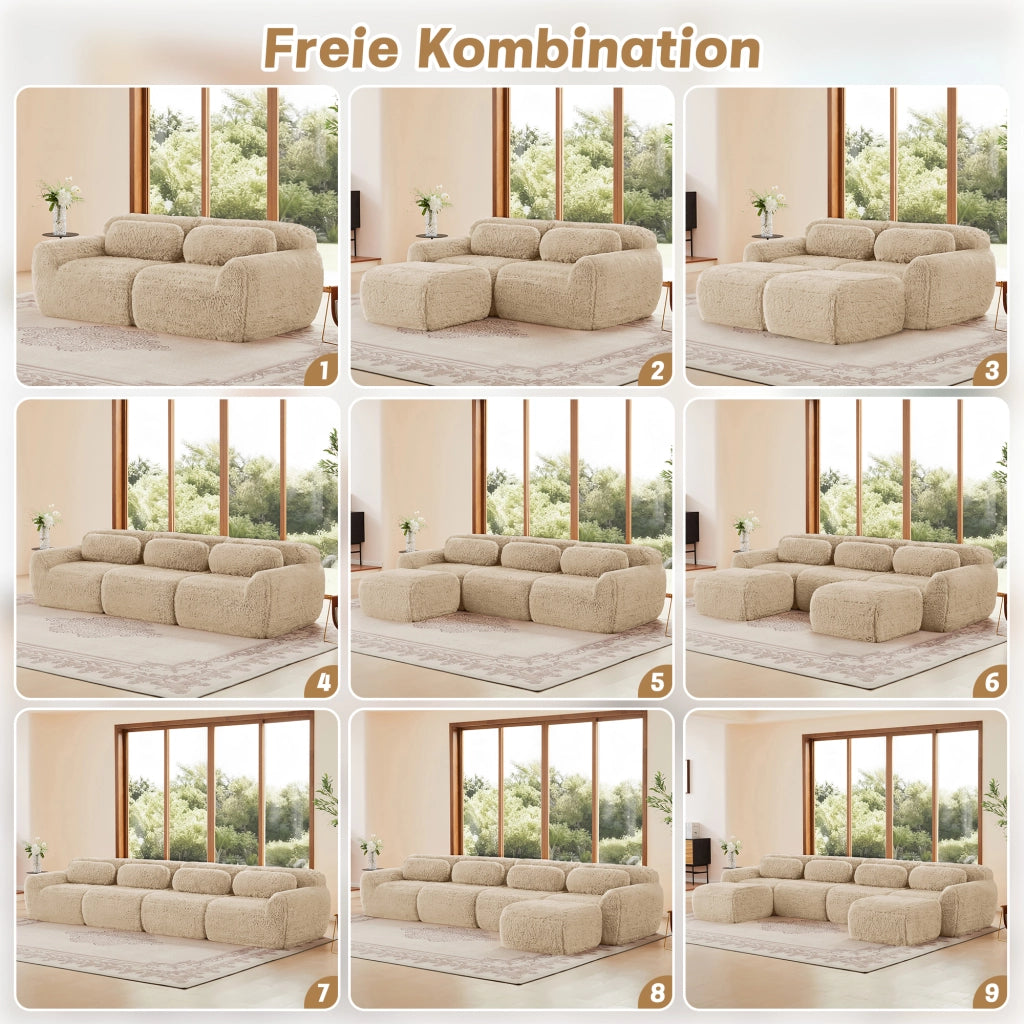 Divano Modulare 3 Posti con 3 Pouf Base Antiscivolo Configurazione a U o L in Peluche Cachi Chiaro