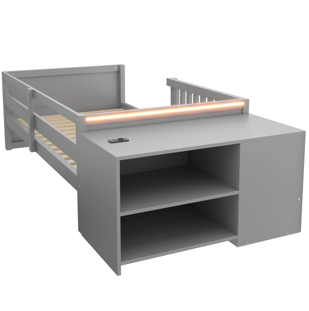 Letto a soppalco 90 x 200 cm con contenitore indipendente; presa integrata e LED; grigio
