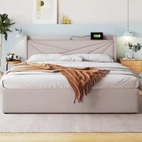 Struttura Letto Matrimoniale in ferro con Contenitore e USB-C, testiera imbottita con spugna morbida,140x200 cm, Beige