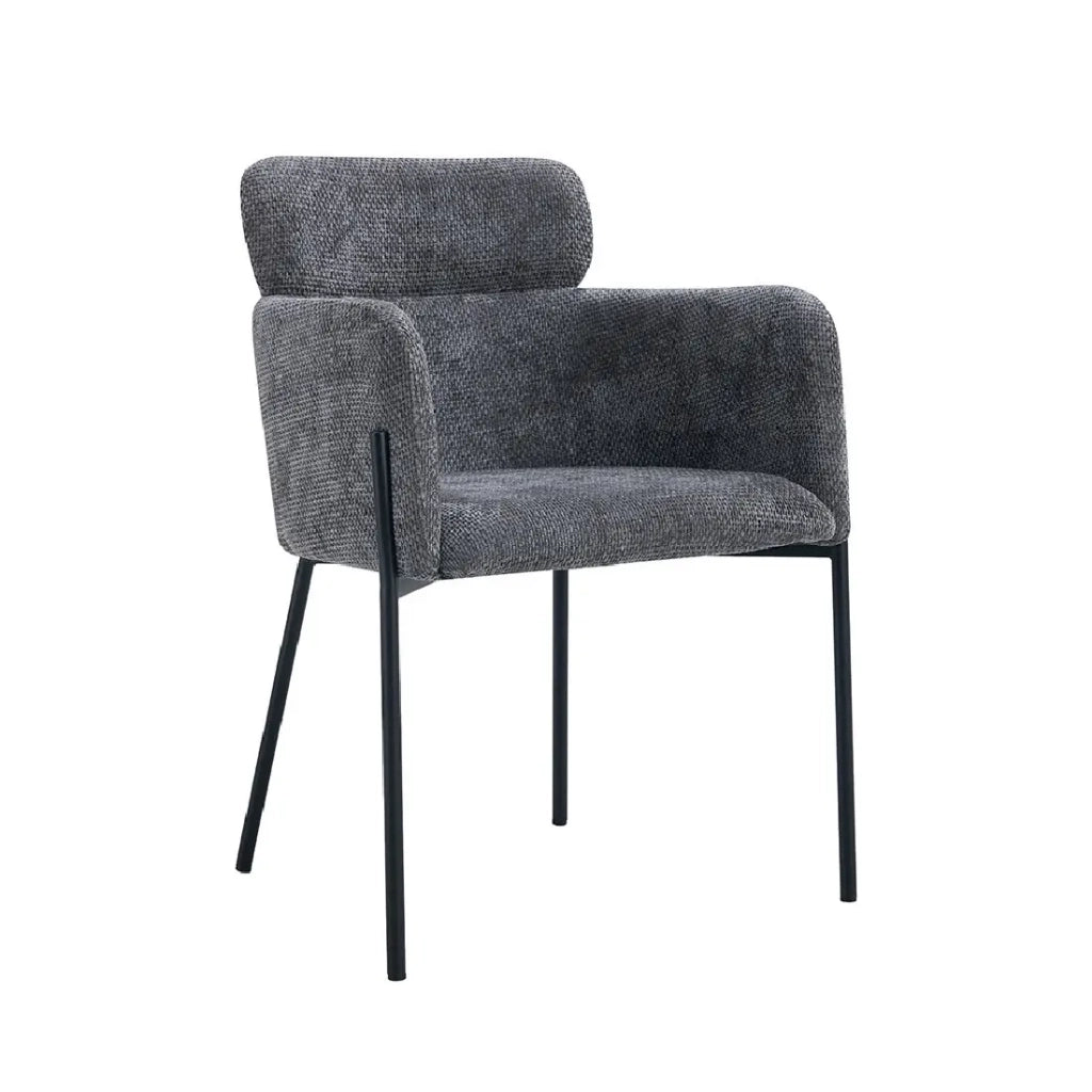 Sedia da pranzo CAMPBELL – Tessuto grigio – Braccioli – Piedi in metallo nero – Stile design / industriale