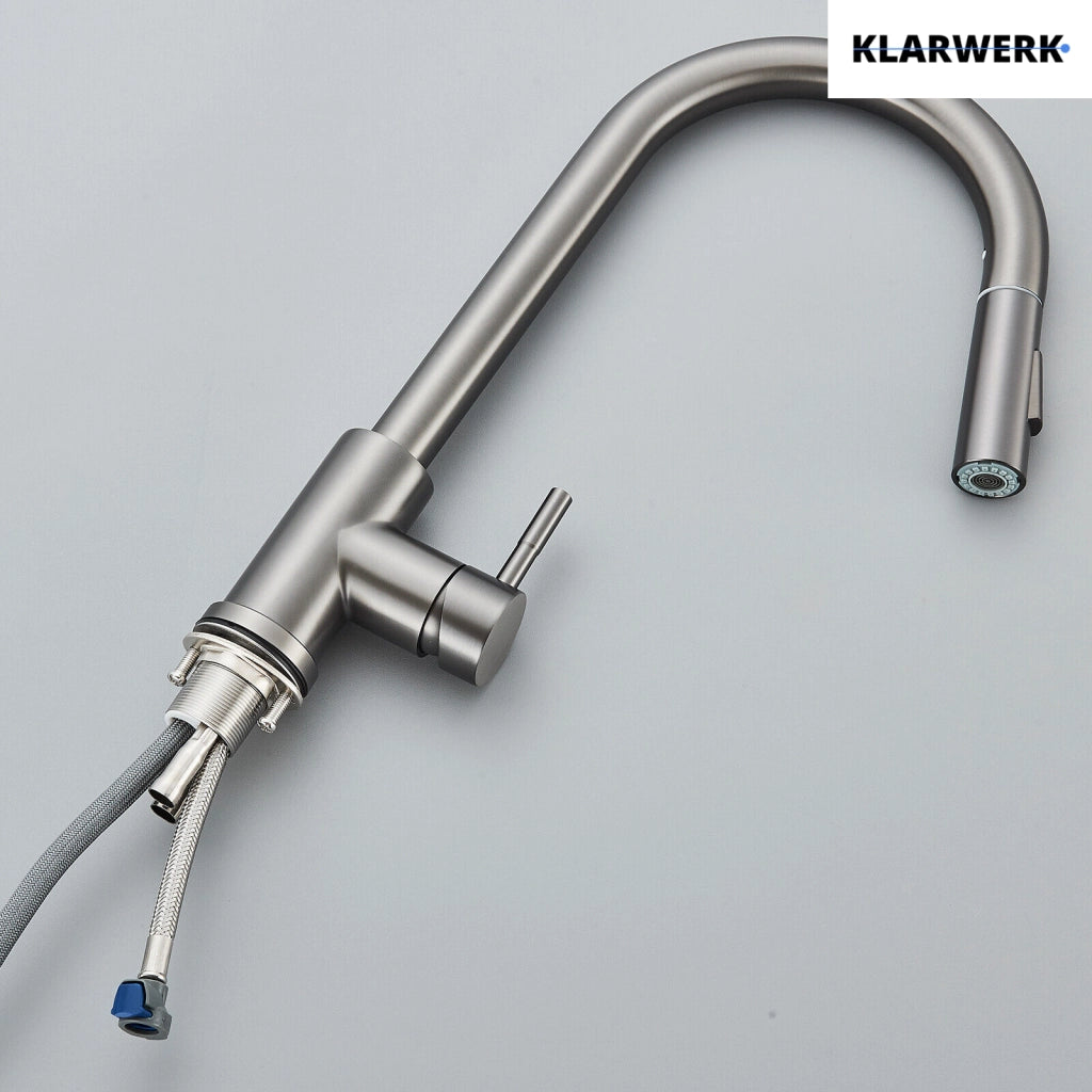 JANA | Rubinetto da cucina estensibile Premium in acciaio inox grigio titanio miscelatore arco alto | alta pressione ruotabile a 360° 2 attacchi