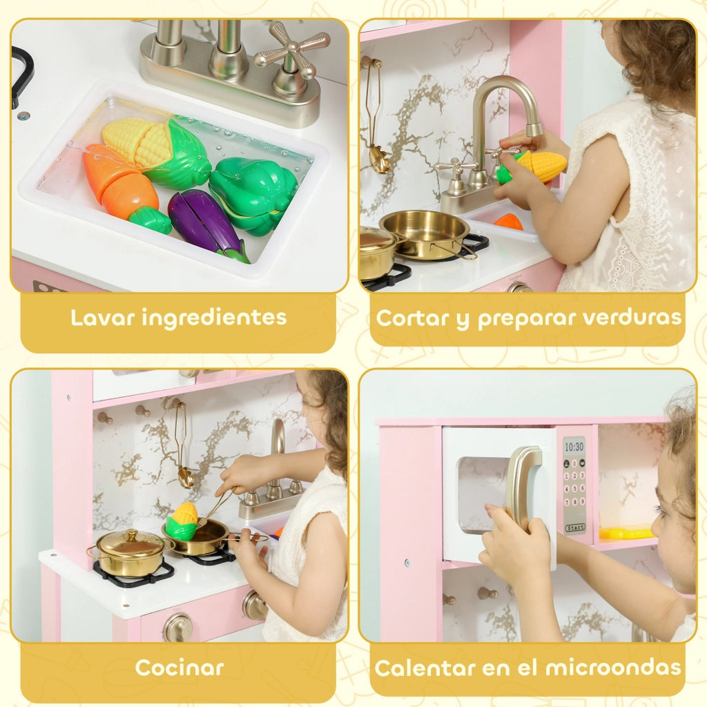 Cucina Giocattolo in Legno con Accessori e Suono ¨C Zephmum ¨C Rosa, Acciaio Inox
