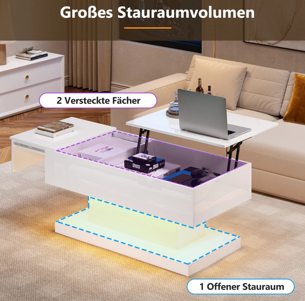 Tavolino da caffè elevabile con LED 100x50x45 cm; truciolare bianco lucido