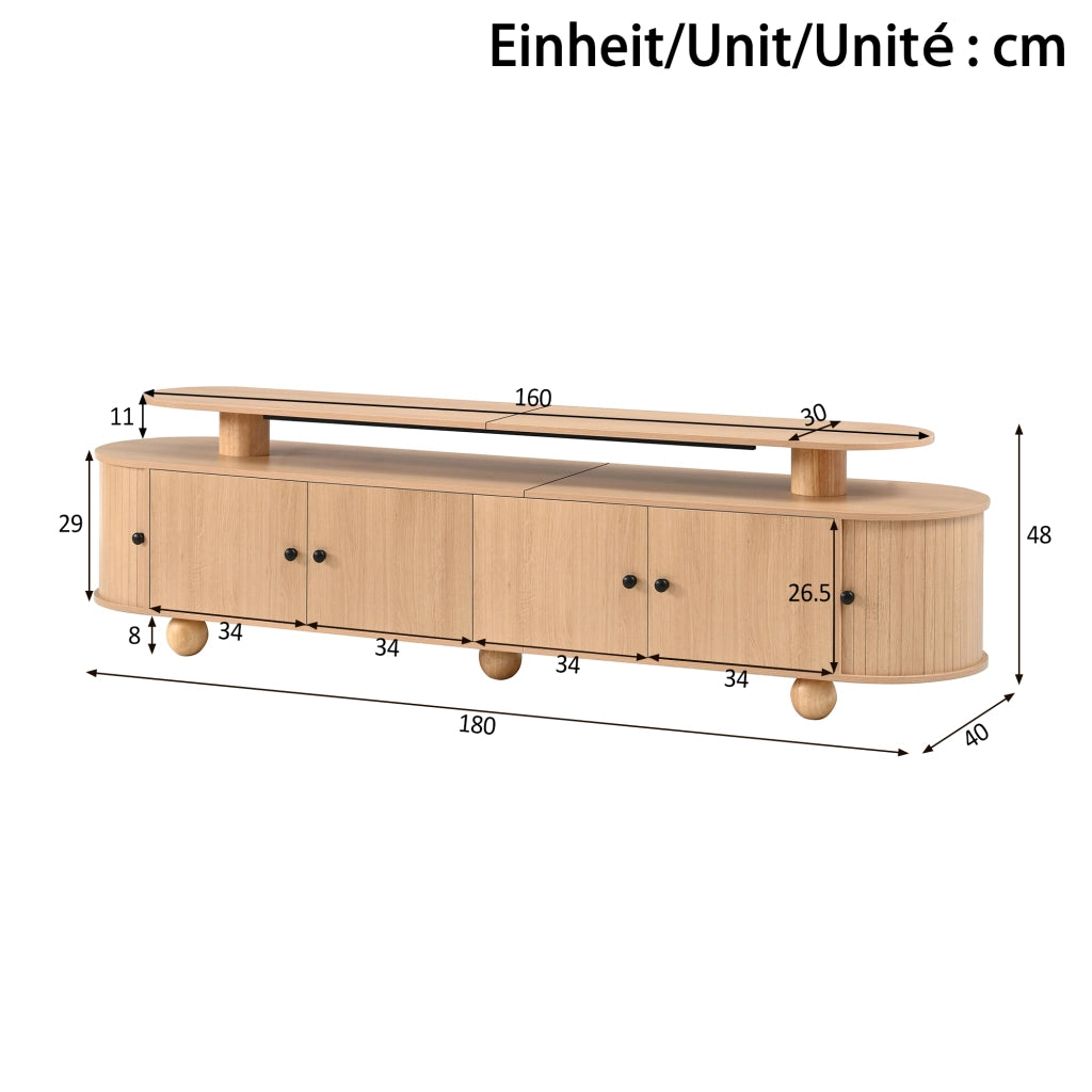 Mobile porta TV ovale a doppio livello con 4 ante e 2 porte scorrevoli, LED ambiente, per soggiorno, naturale 180 × 40 × 48 cm