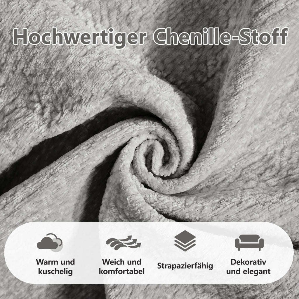 Divano modulare in chenille 260x86x90 cm con cuciture trapuntate; cuscini spessi; grigio chiaro