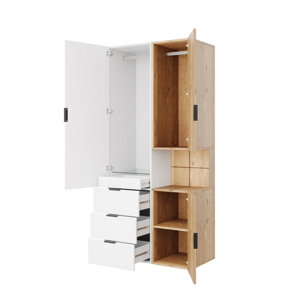 Armadio 90x49x200 cm con LED, 4 cassetti e 2 barre appendiabiti in MDF