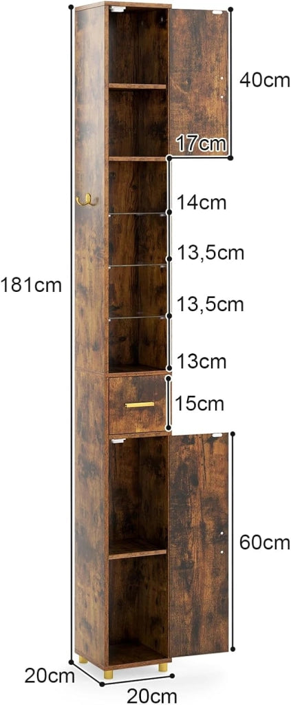 Armadietto da bagno con illuminazione, 20 x 20 x 181 cm, armadio da bagno sottile con cassetto, 2 ante e 4 ripiani aperti, armadio alto per bagno e soggiorno (2,4 ripiani + illuminazione)