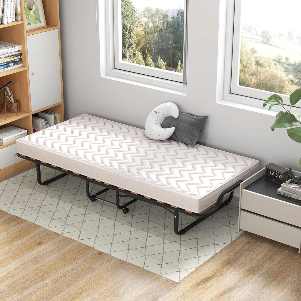 Letto Pieghevole 90x200 cm con Memory Foam, Lettino Pieghevole per Gli Ospiti con 4 Ruote, Sgabello e Bracci, Letto da Viaggio per Adulti, Doppia Sedia a Doghe, Nero e Beige, Made in Italy