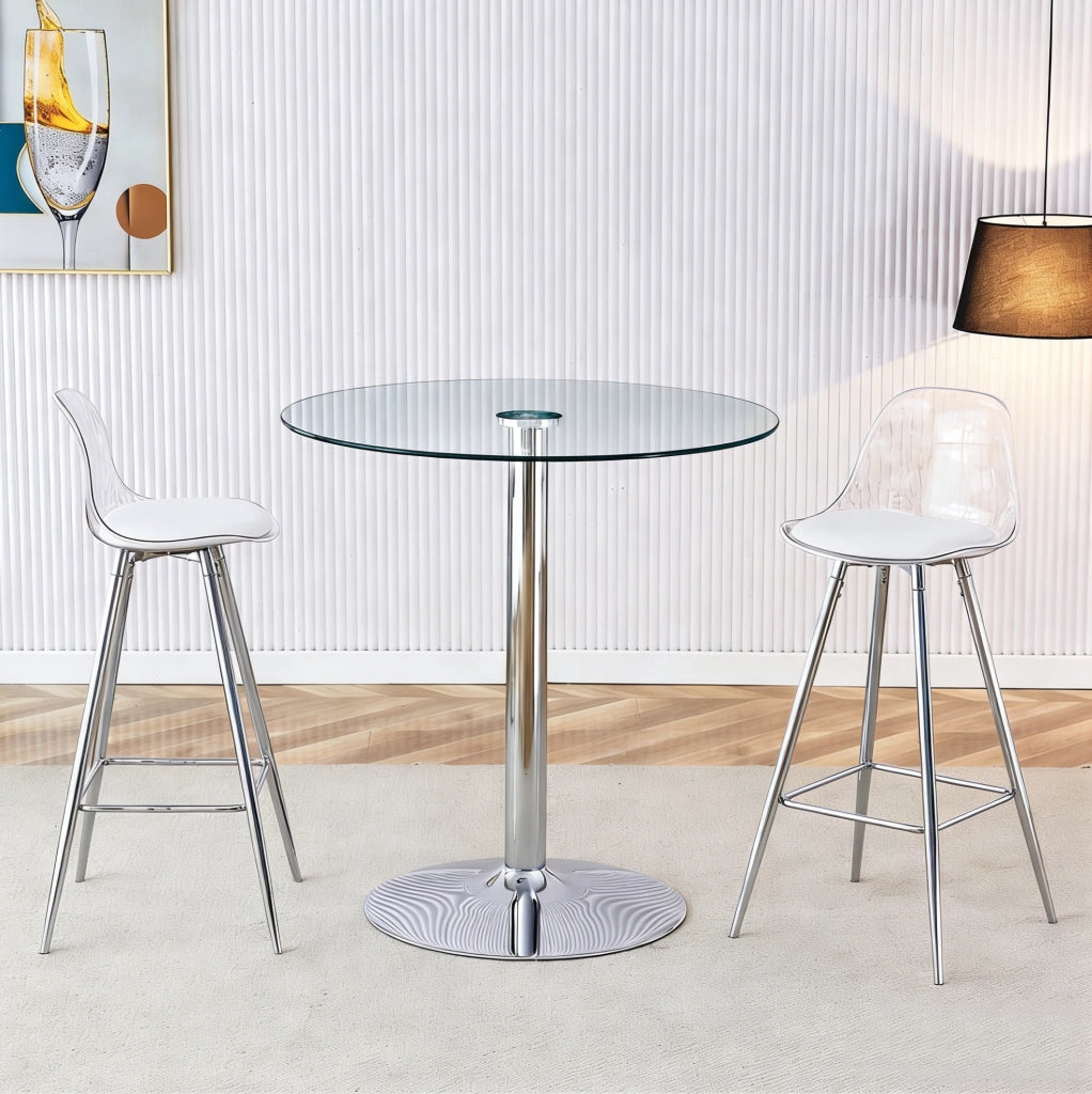 Set bar con tavolo rotondo in vetro Ø89 cm e 2 sgabelli con schienale trasparente