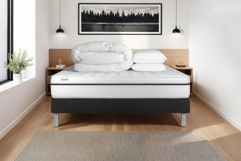 Pacchetto letto completo - Materasso 180x200cm + Box spring con doghe (kit) + 2 cuscini + Piumino - Vital Spa