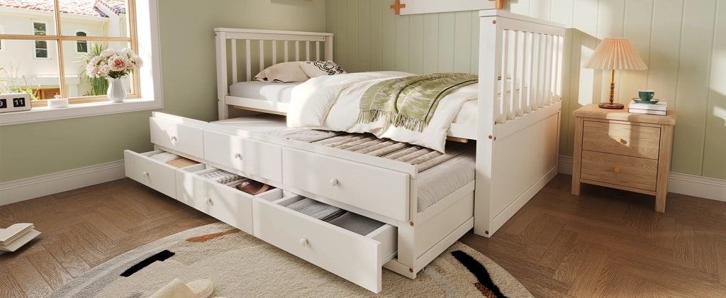 Letto singolo estraibile con tre cassetti in legno e MDF bianco per bambini e ospiti dal design elegante