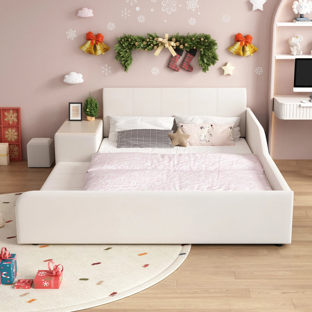 Letto imbottito per bambini con scrivania, sgabello e ripiano 140x200 cm bianco