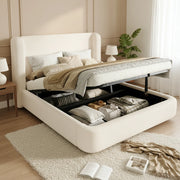 Letto matrimoniale imbottito con rete a doghe, contenitore idraulico e testiera in bouclé beige 180 x 200