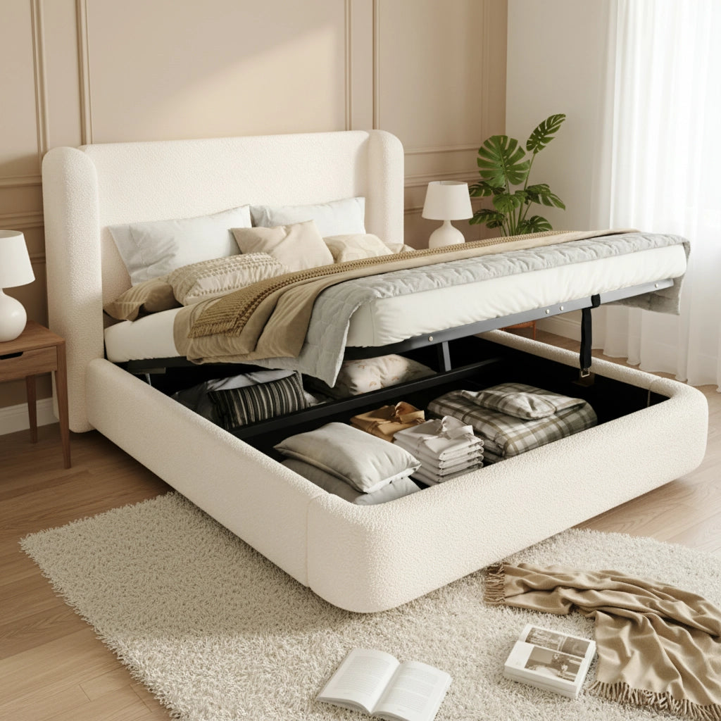 Letto matrimoniale imbottito con rete a doghe, contenitore idraulico e testiera in bouclé beige 180 x 200