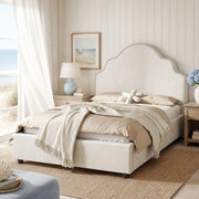 Letto singolo imbottito 90x200 cm con testiera curva, in lino beige, con rete a doghe, senza materasso