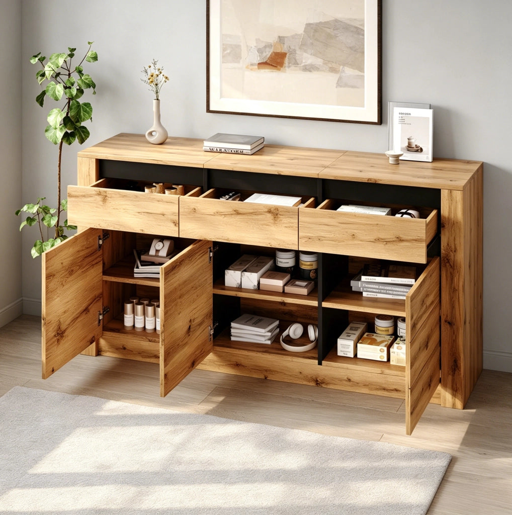 Credenza moderna in effetto legno ondulato con 3 cassetti