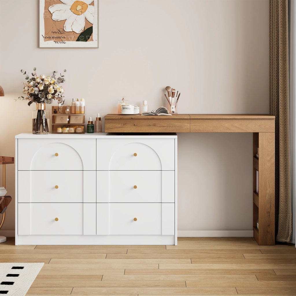 Tavolo da toeletta girevole con specchio LED, scrivania 2 in 1, Bianco + effetto legno, 105¡Á40¡Á80 cm