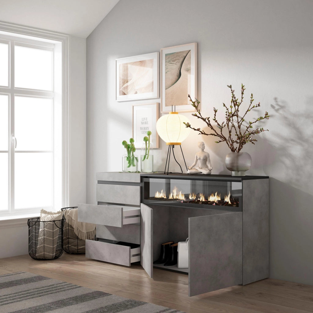 Cassettiera, 157x35x75cm, Camera da letto, Camino elettrico, grigio cemento RF3427