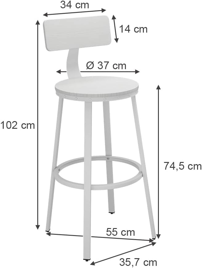 Sgabelli da bar Caracas, Bianco, 34 x 102 cm Set di 2, con poggiapiedi e struttura in metallo stabile