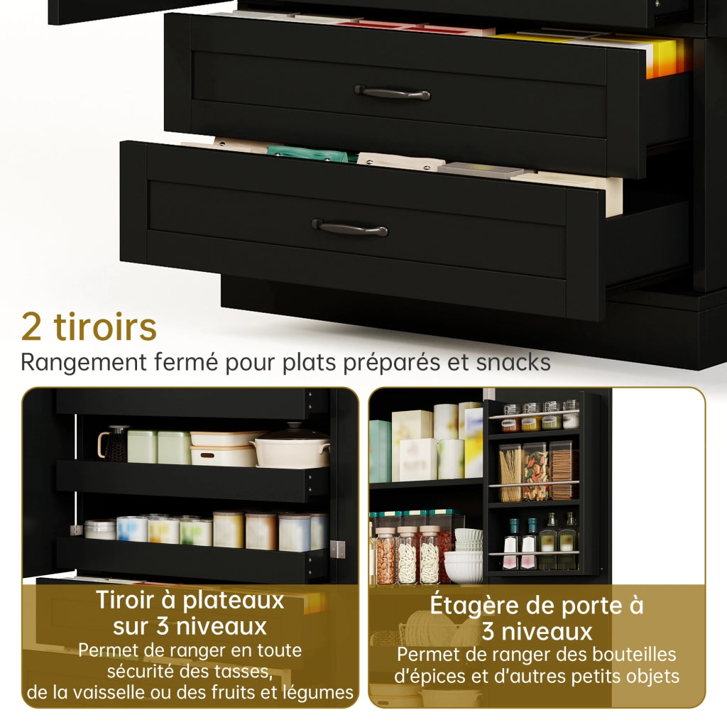 Dispensa da cucina alta con 3 ripiani estraibili; 2 cassetti e 2 ante; in MDF nero; 80 × 37.5 × 180 cm