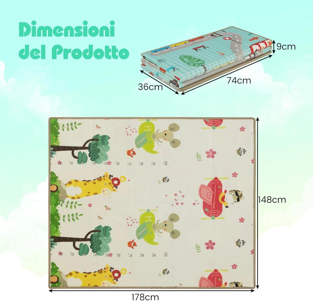 Tappeto Gioco Bambini Pieghevole, 178 × 148 cm, Tappetino Doppia Faccia, Matterasso per Box Bambini, in Schiuma XPE Impermeabile, Tappeto Attività Portatile, per Interni ed Esterni