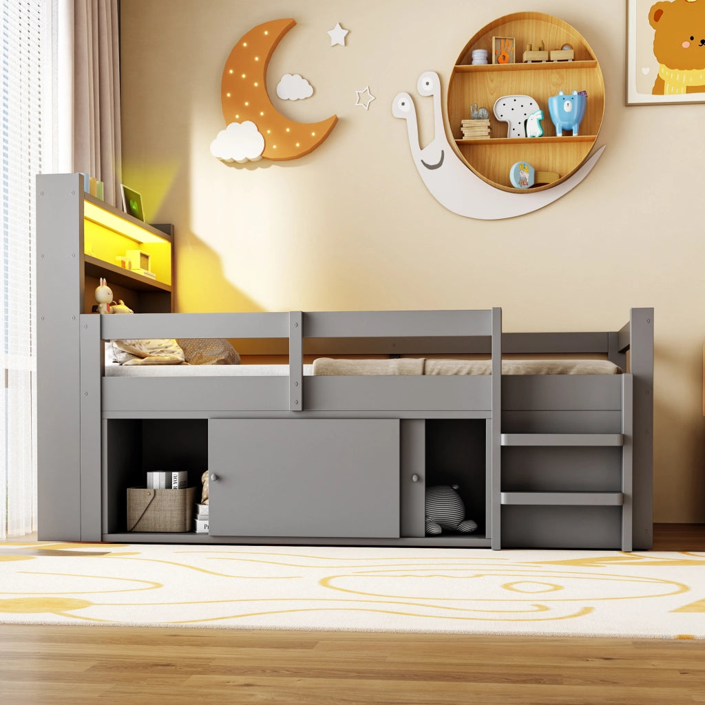 DESMIU Letto per bambini 90 × 200 cm con mensole, vani contenitori, LED, USB, senza materasso, grigio