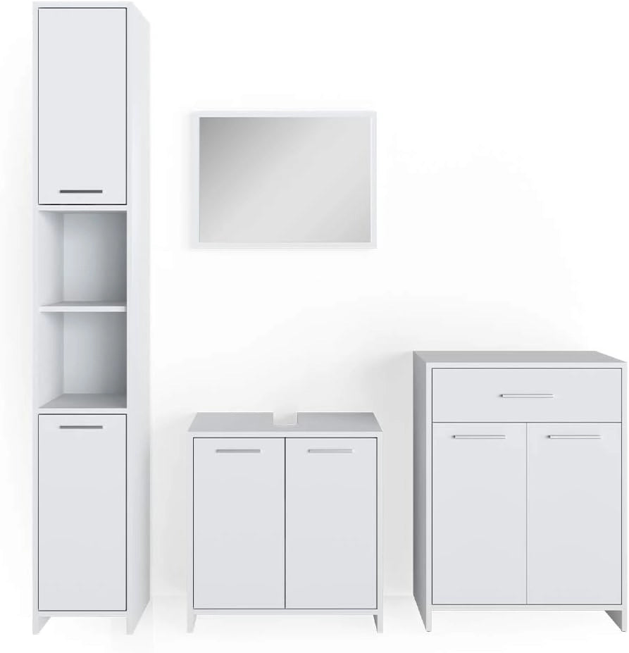 Set mobili bagno Kiko, Bianco, 58 cm, composto da mobile lavabo, pensile a specchio, colonna e base media