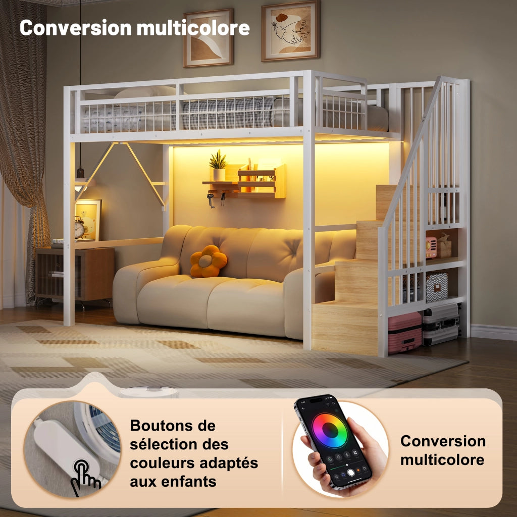 Letto a soppalco singolo 90×200 cm con LED e scale con vano contenitore; senza materasso; metallo; bianco