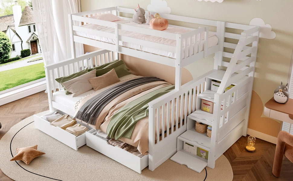 DESMIU Letto a castello 2 posti con 4 cassetti, scala laterale e sponde, 90 × 200 e 140 × 200 cm, senza materasso
